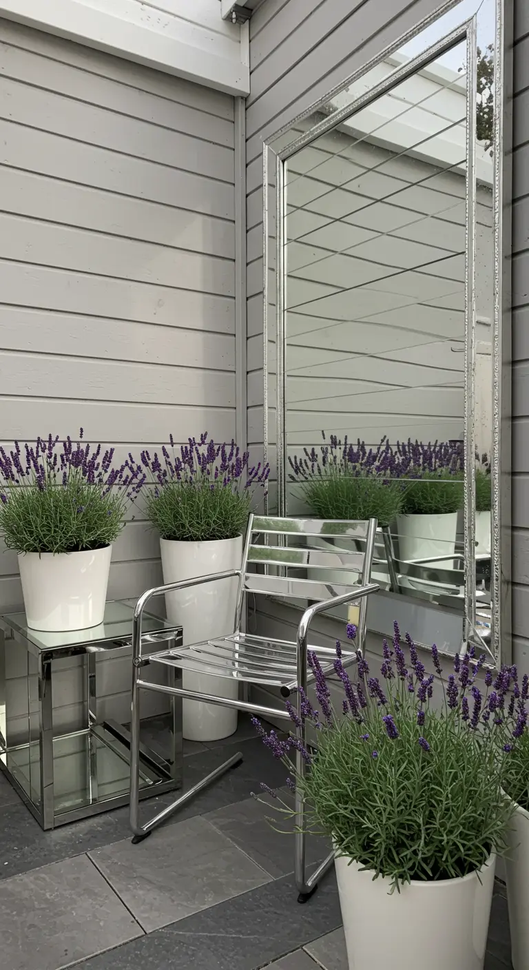 A large framed mirror leaning against the wall of a small patio, reflecting lavender in white pots.
