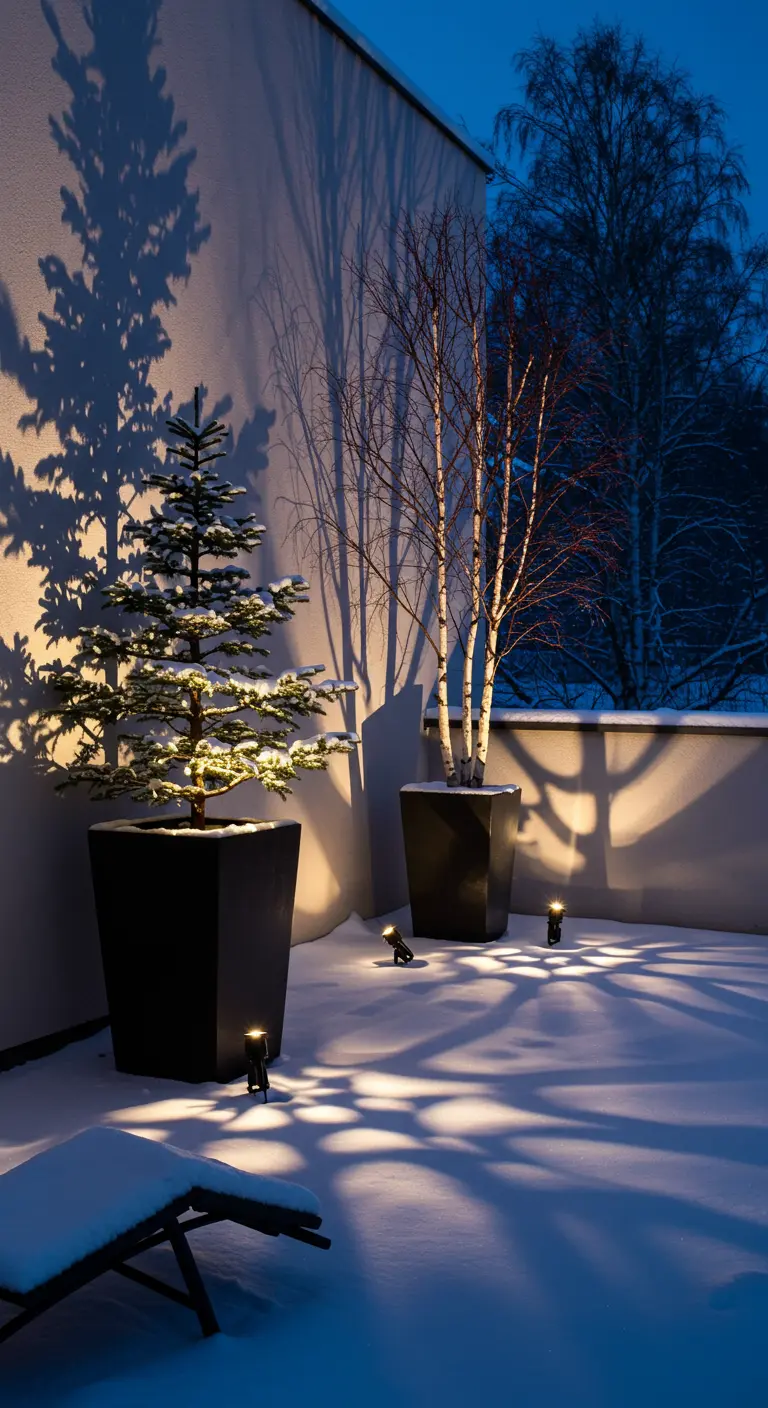Uplit trees on a terrace at night, casting dramatic shadows on a blank wall.