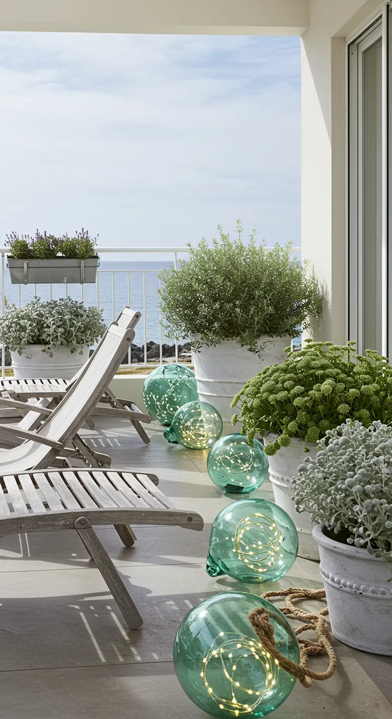 A bright coastal terrace with weathered furniture and solar-powered glass float lights.