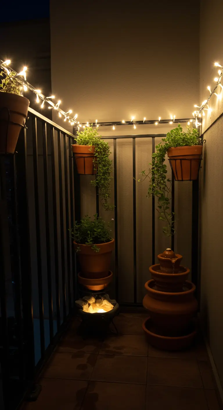 A tiny, dark balcony transformed with hanging planters, a small fountain, and fairy lights.