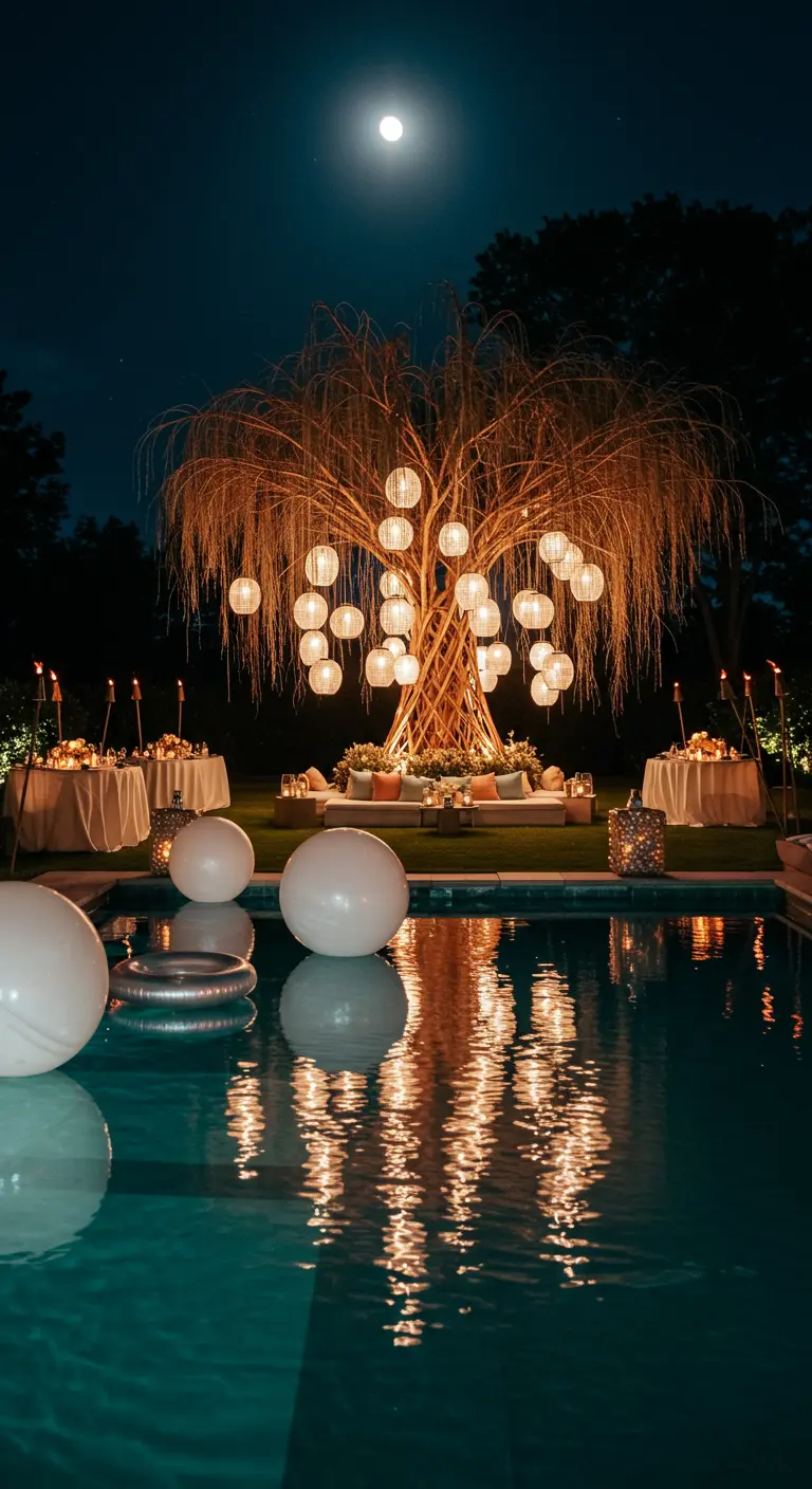 Tree wrapped in lights and hung with lanterns over a pool with floating white orbs.