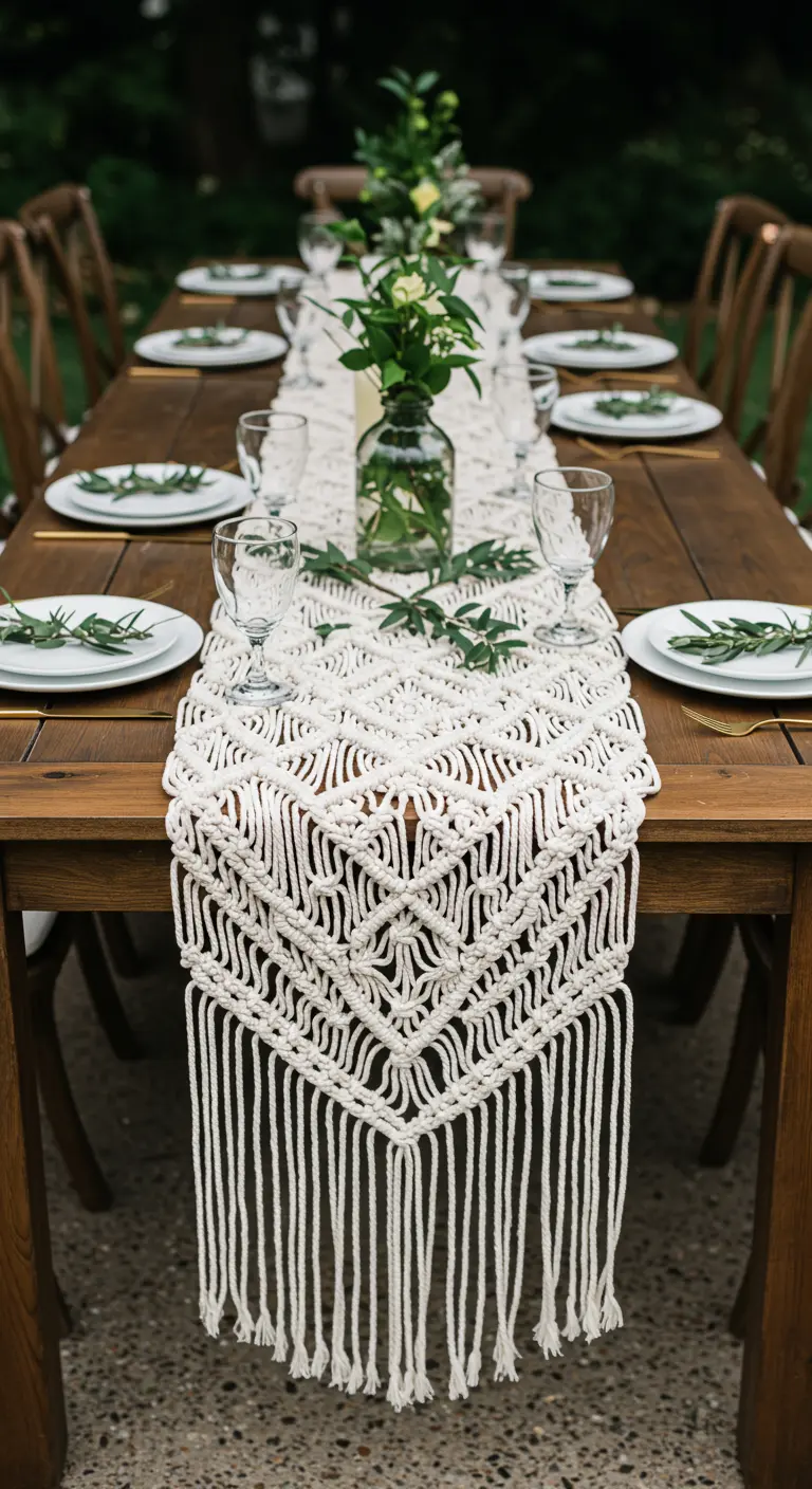 A long, intricate white macramé runner stretches down the center of a wooden dining table.
