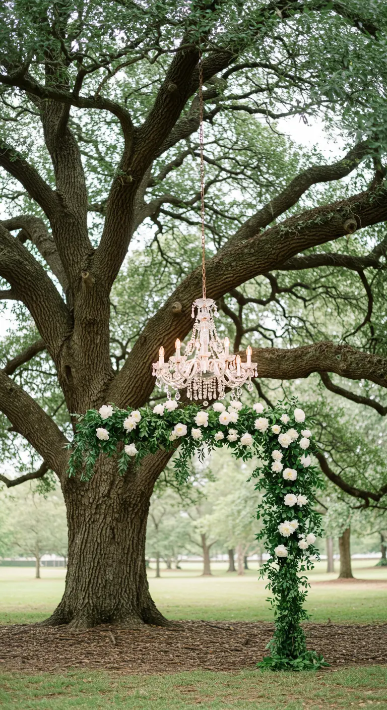 A large oak tree with a crystal chandelier and a low floral arch underneath.