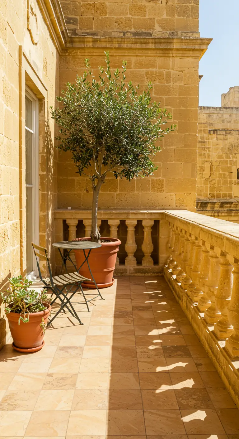 An olive tree and bistro set on a balcony made of golden Maltese limestone.