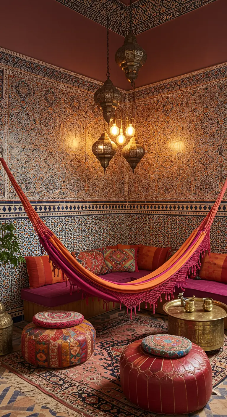 A colorful hammock in a Moroccan-style room with intricate tiles, cushions, and ornate lanterns.