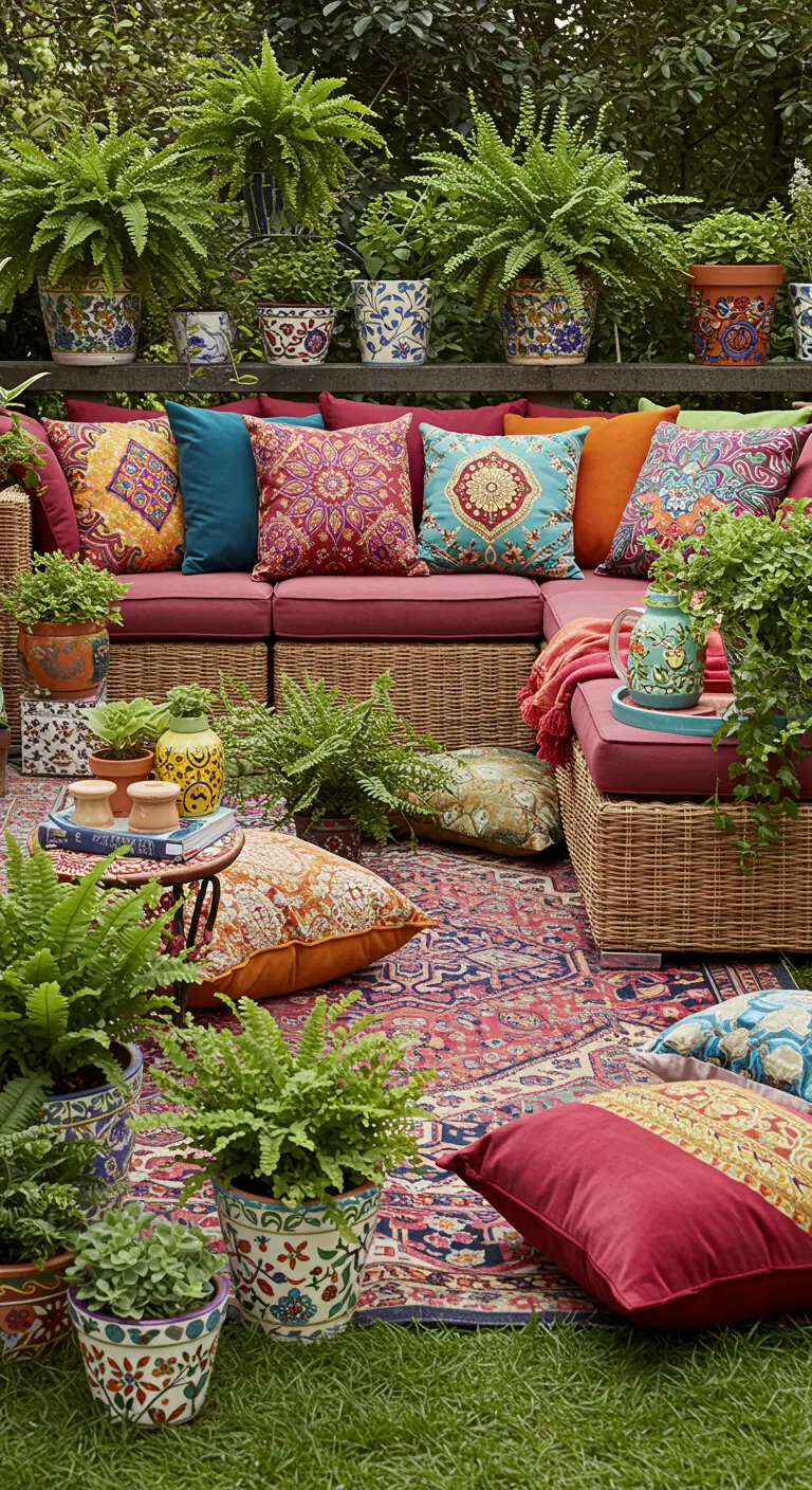 A vibrant boho scene with a sectional covered in colorful pillows and layered rugs.