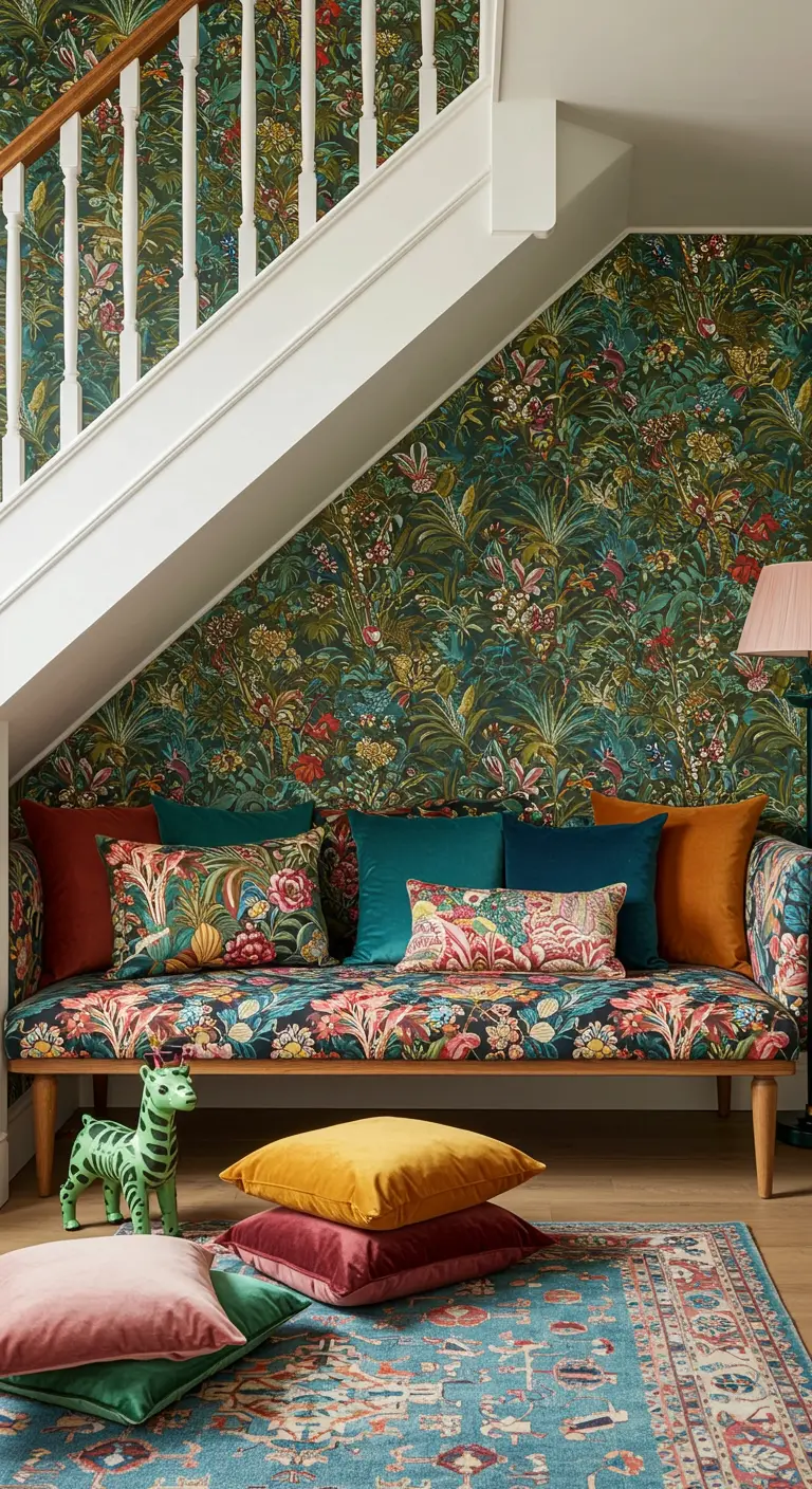 A daybed under the stairs surrounded by bold floral wallpaper and colorful pillows.