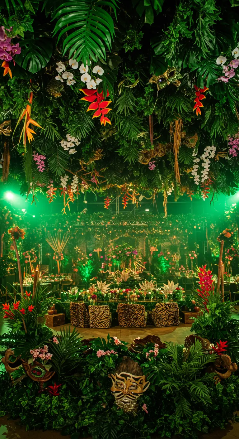 A maximalist jungle party with green lighting, animal prints, and dense tropical foliage everywhere.