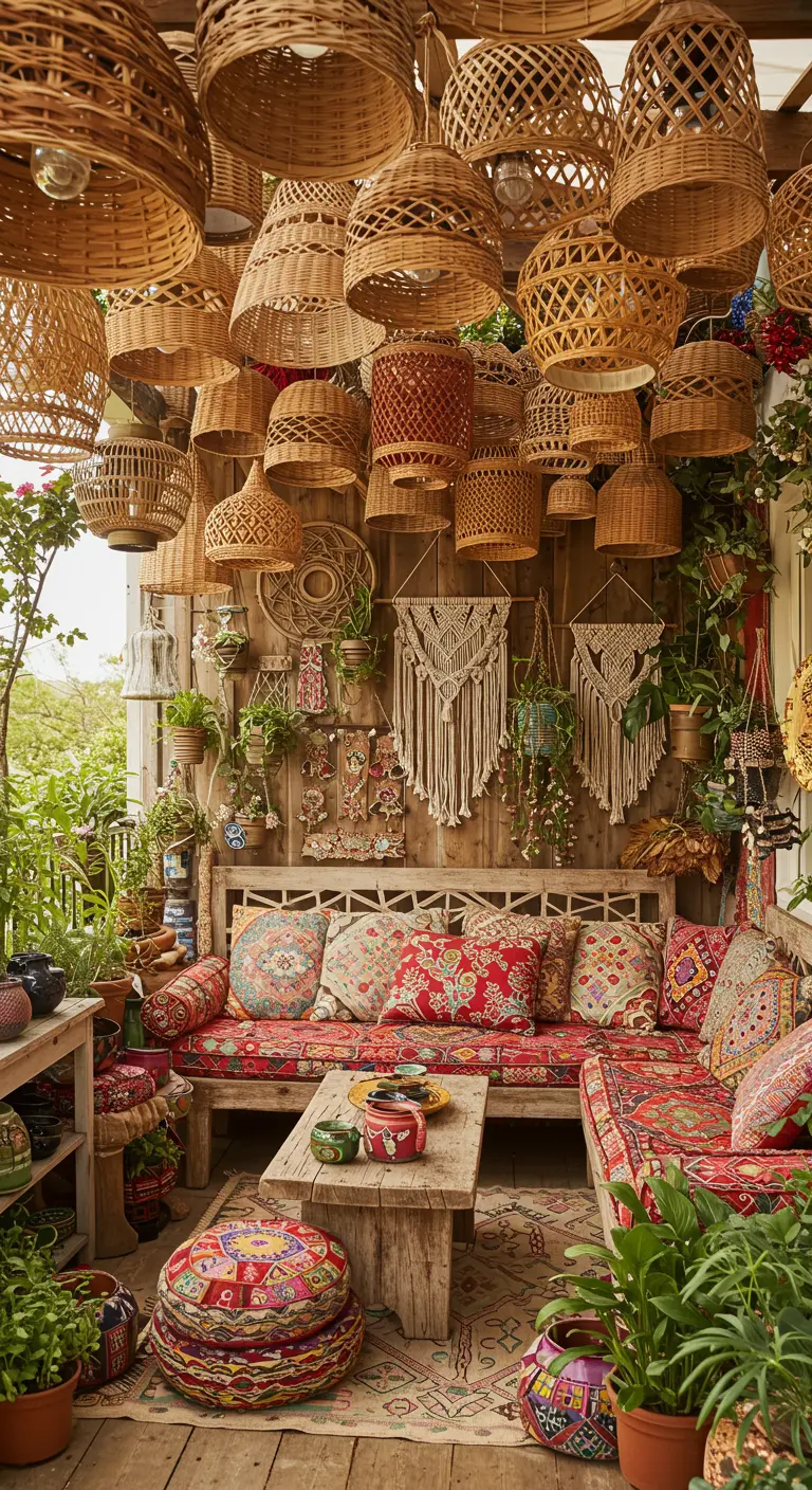 A bohemian patio overflowing with patterned textiles, plants, macrame, and wicker lanterns.