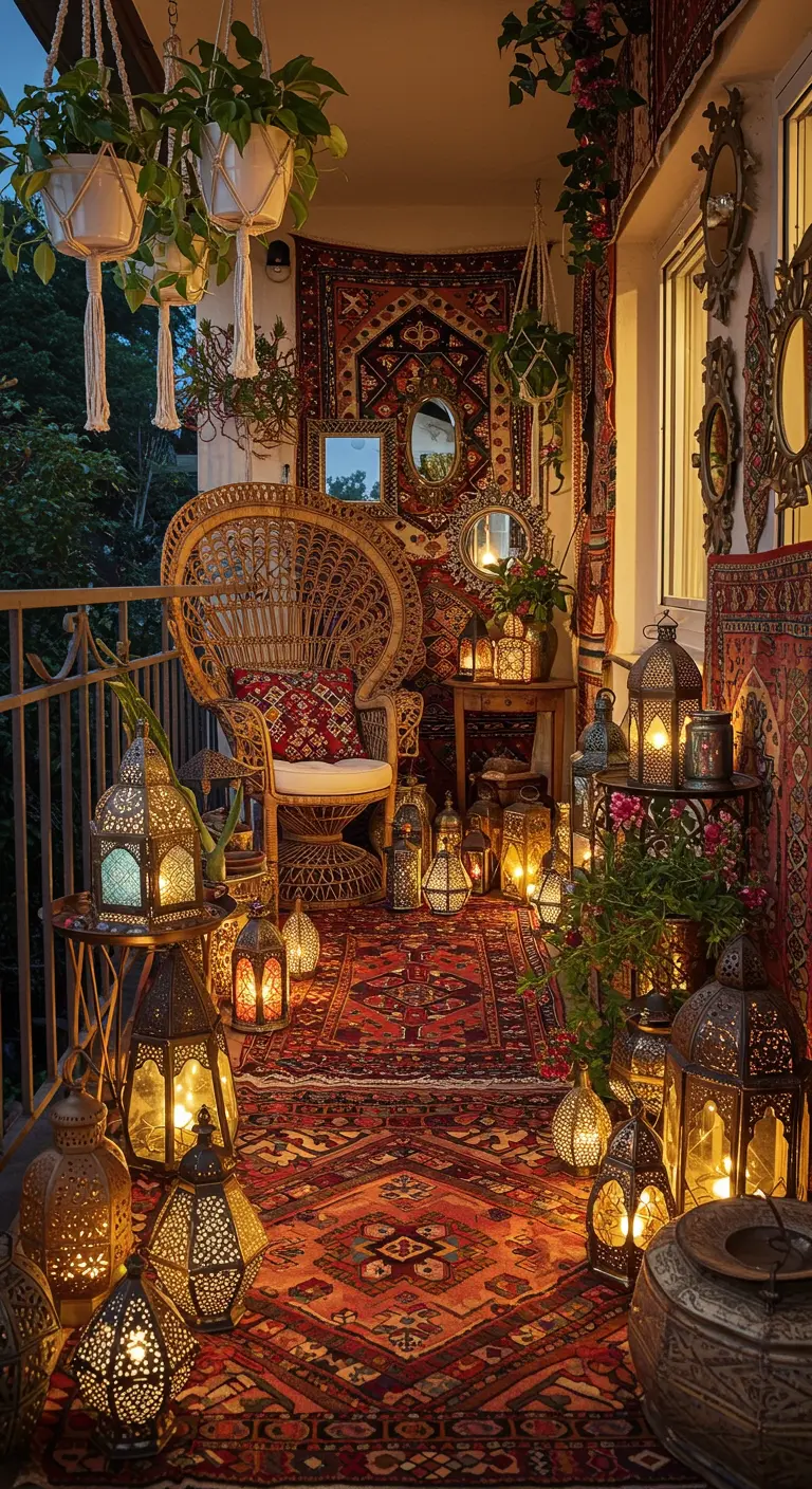 A maximalist balcony filled with patterned rugs on the floor and wall, mirrors, and lanterns.