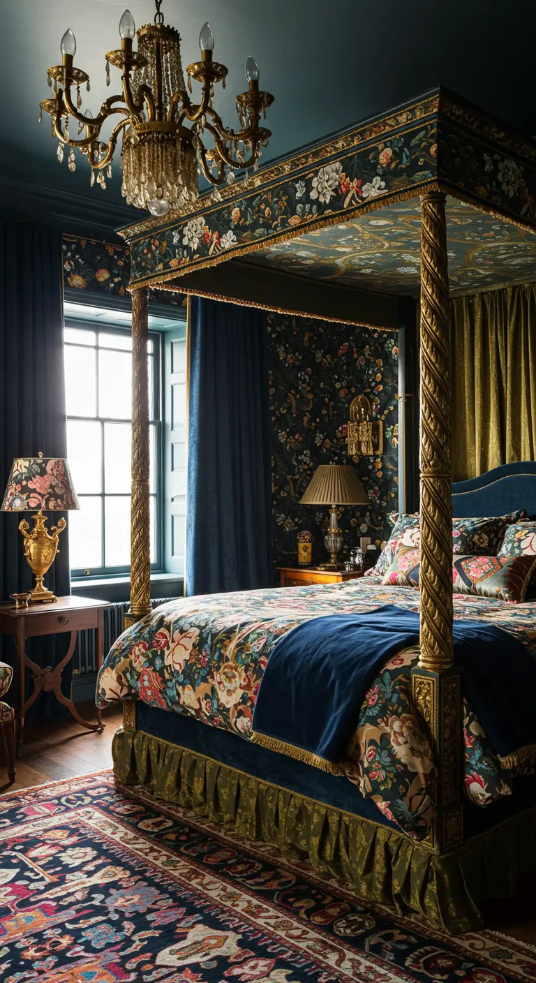 Ornate floral canopy bed with navy blue velvet in a maximalist, pattern-filled room.