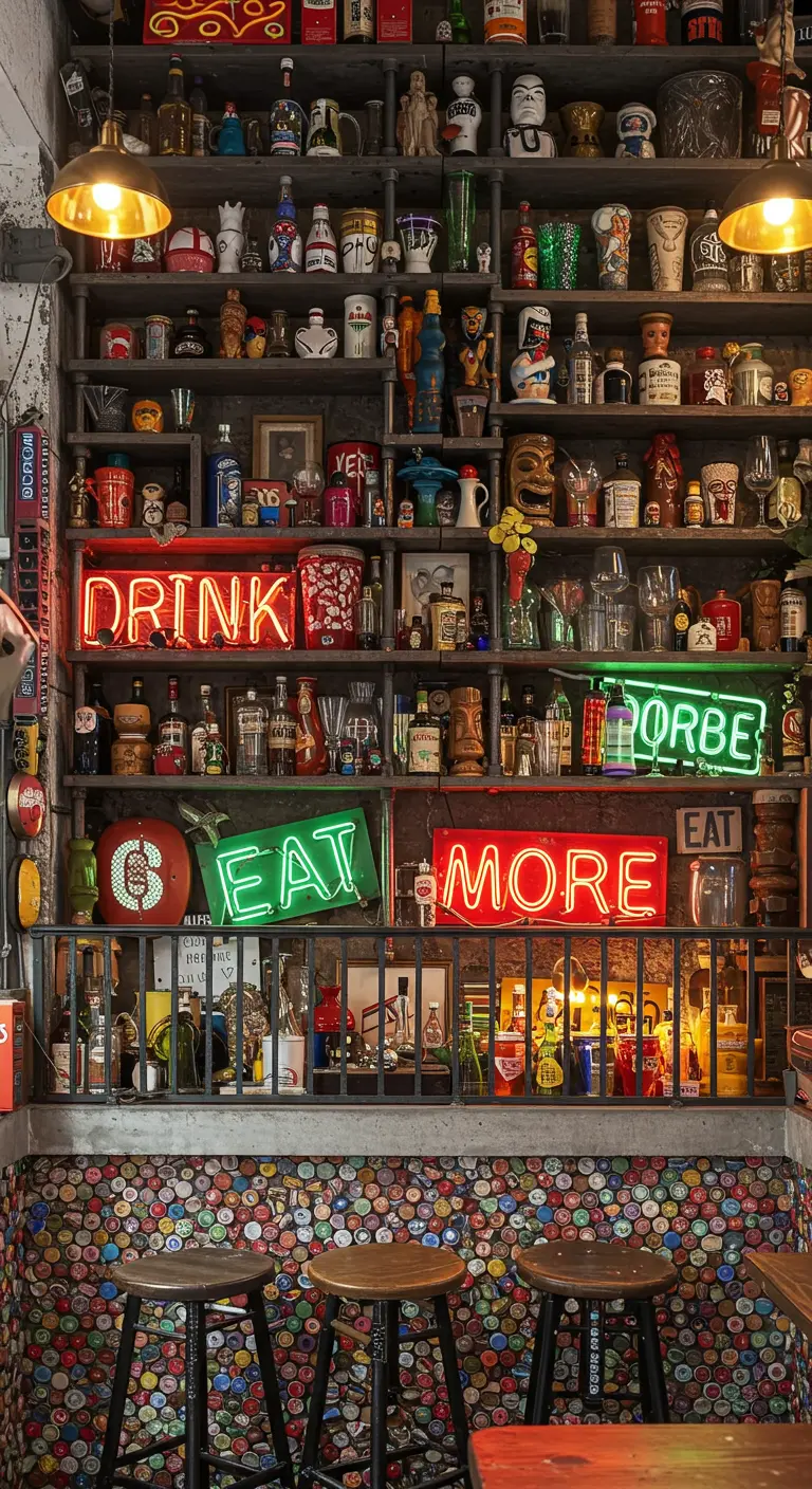 An eclectic, maximalist bar packed with tiki mugs and multiple colorful neon signs.