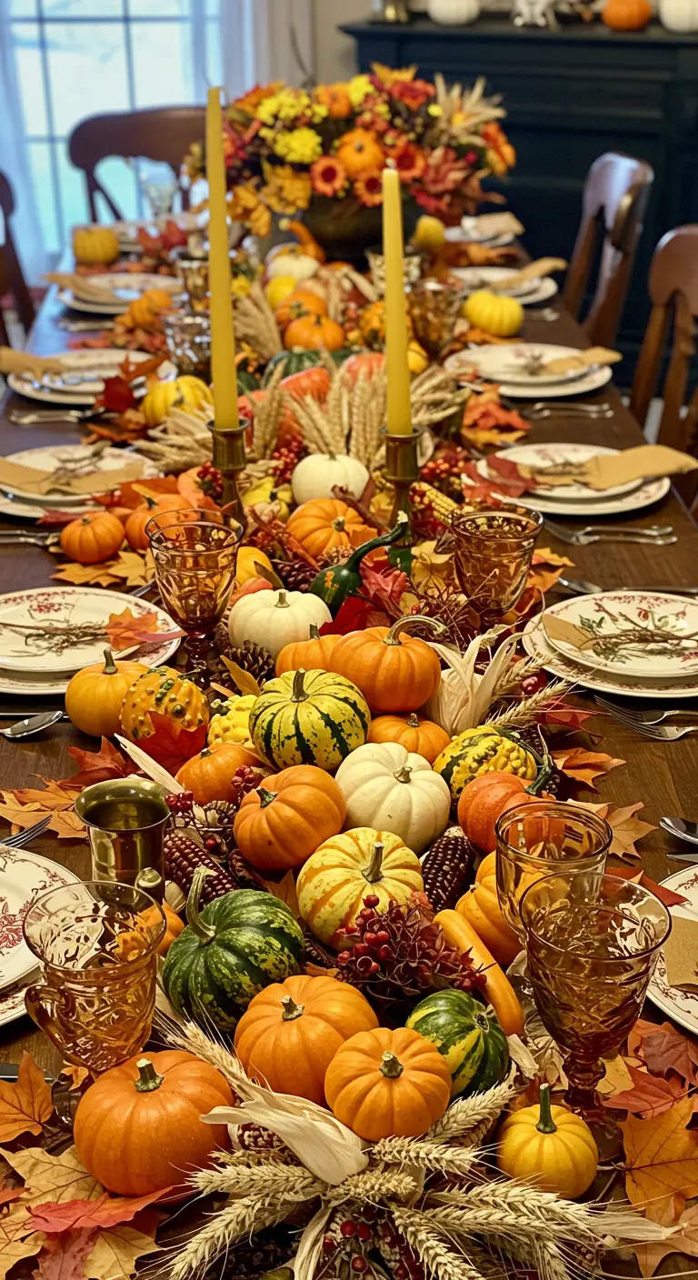 An abundant, overflowing centerpiece of pumpkins, gourds, corn, leaves, and berries running the length of a table.