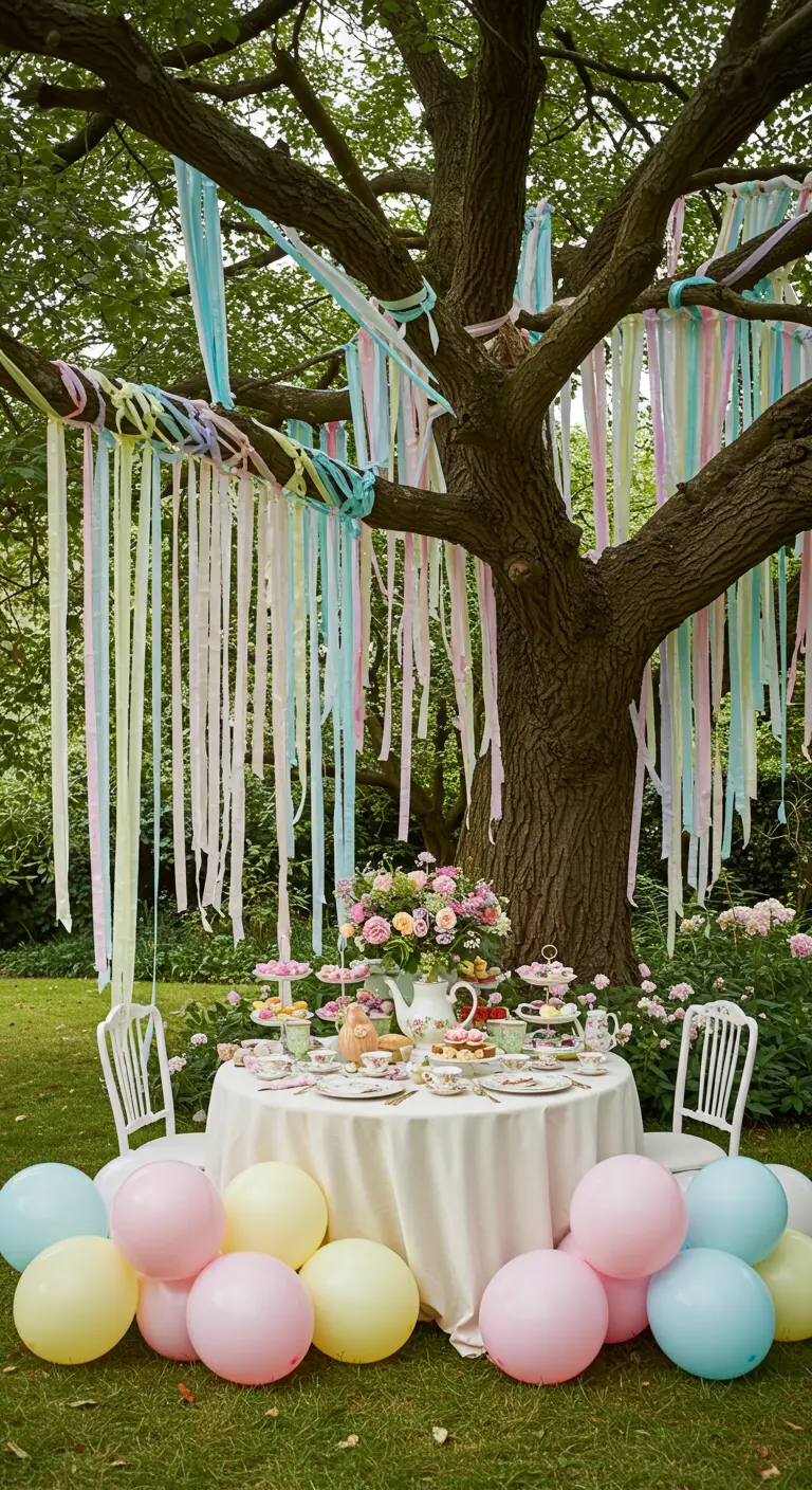 Large tree with long pastel crepe paper streamers hanging from its branches.