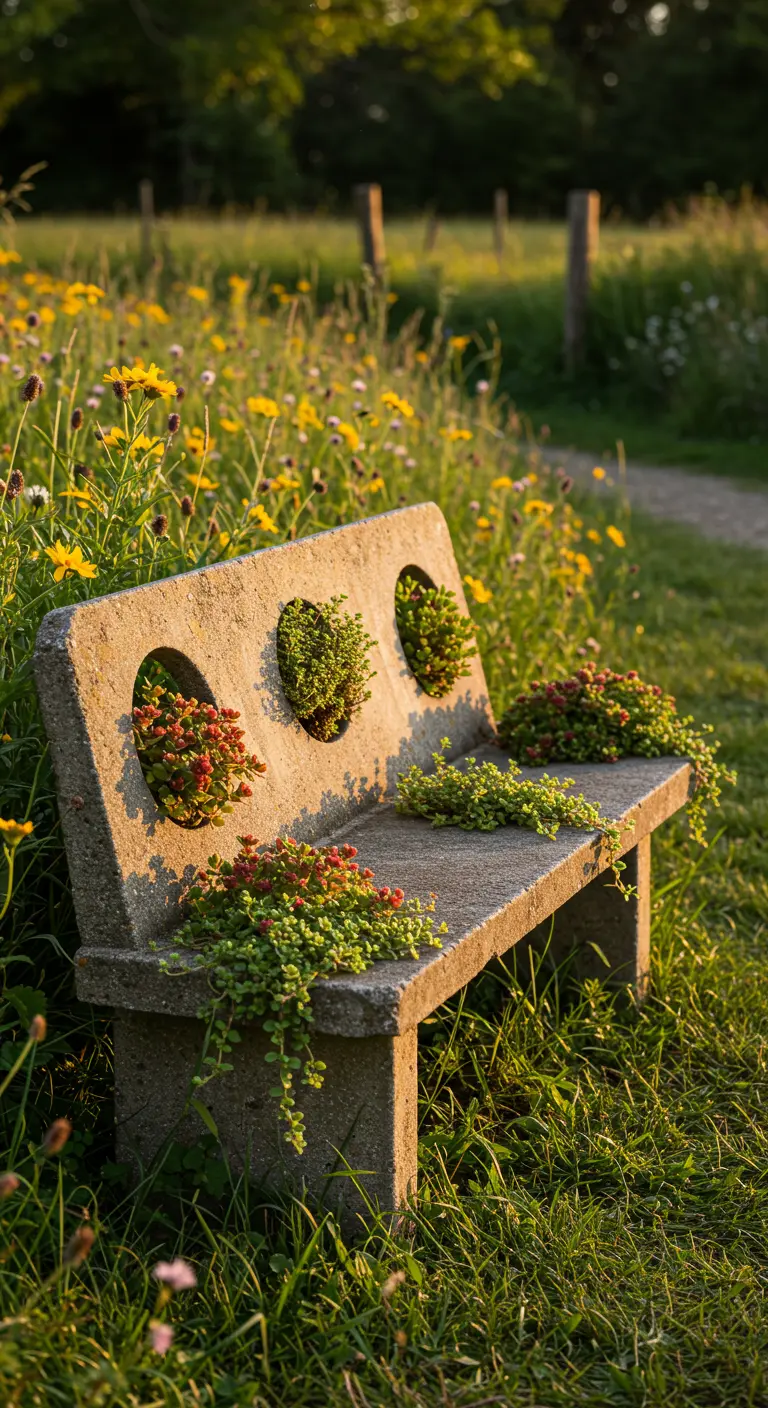 A rustic concrete bench in a wildflower field with succulents planted in round holes in its backrest.