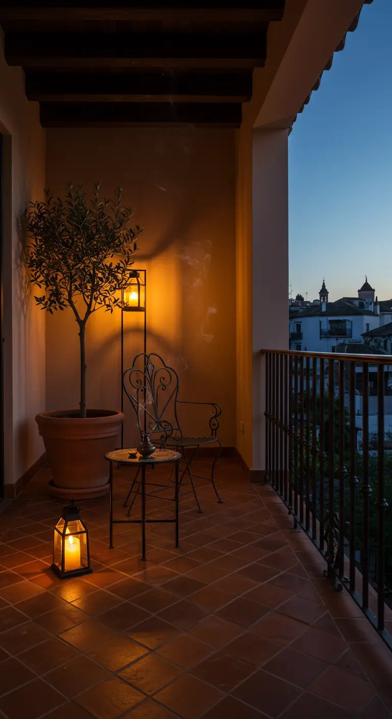 A dimly lit balcony corner with an olive tree, candle lanterns, and smoking incense.