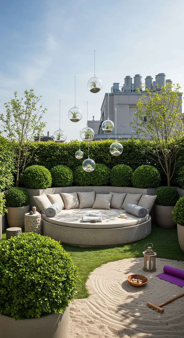 Lush rooftop garden with a circular daybed, a hedge, and hanging glass terrariums.
