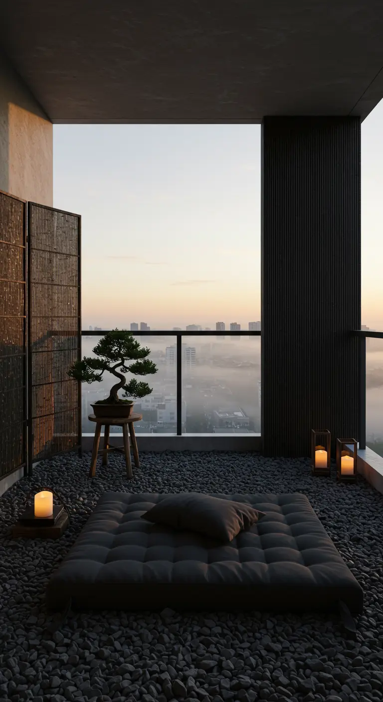 Minimalist balcony with black river rocks, a floor cushion, and a bonsai tree at sunset.