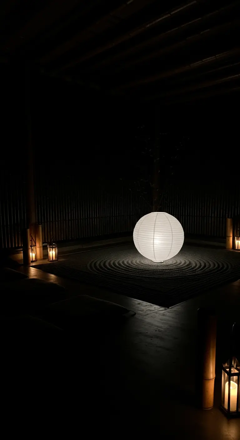A large, glowing orb lantern sits in a dark zen garden at night.