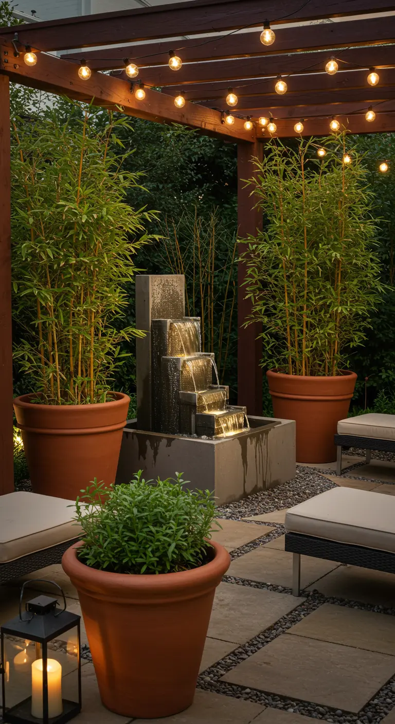 A patio with a modern stepped concrete waterfall, flanked by tall bamboo in terracotta pots.