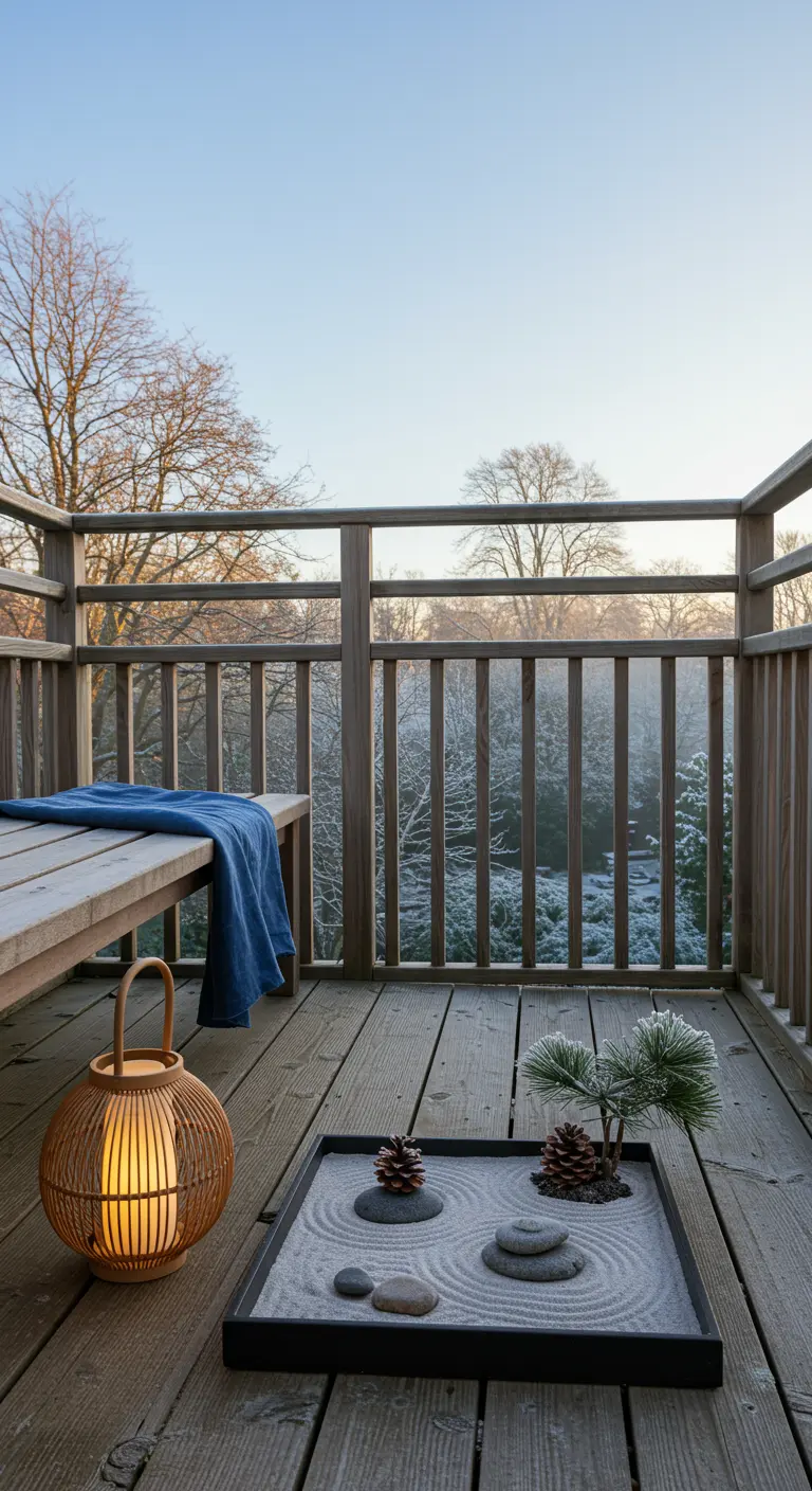 A miniature zen garden with sand, stones, and pinecones sits on a frosted wooden deck.