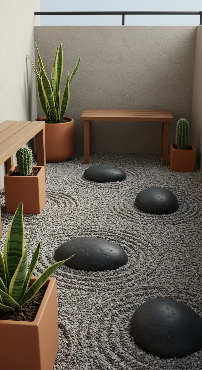 A minimalist zen balcony with raked gravel, smooth stones, and potted snake plants.