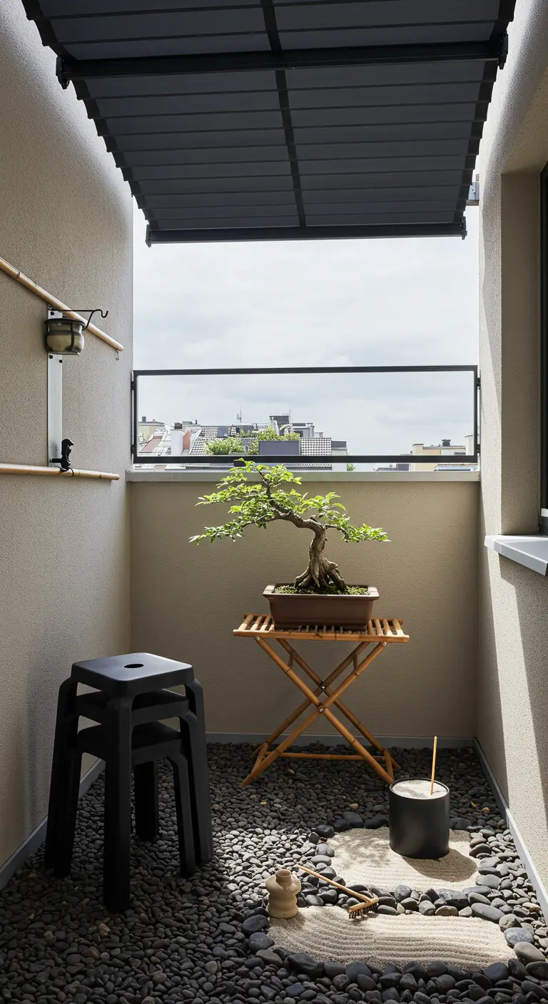 A minimalist balcony with a gravel floor, a bonsai tree on a stand, and a small sand garden.