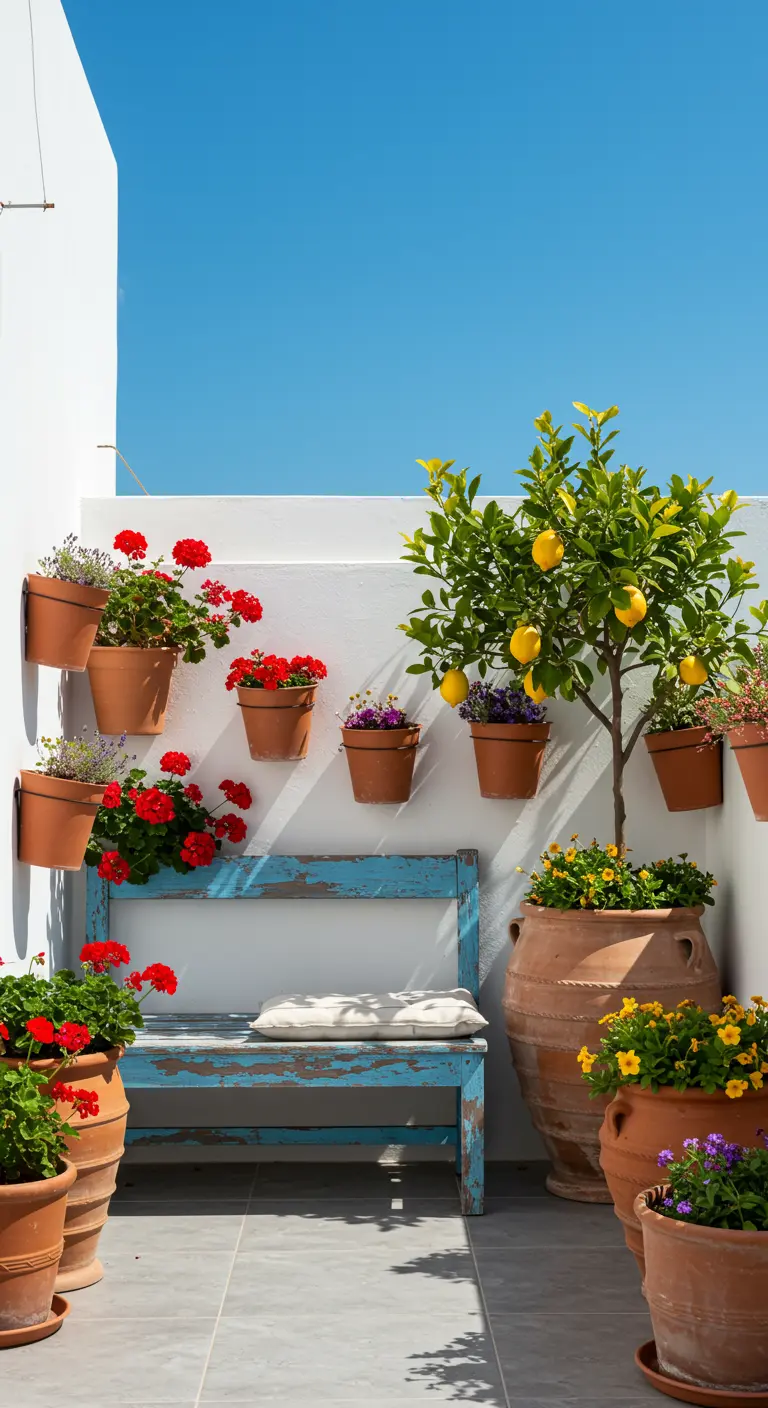 A sunny white patio with a distressed blue bench, a lemon tree, and red geraniums in terracotta pots.