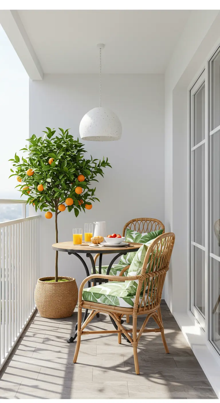 A small bistro table and a potted orange tree on a bright, sunny balcony.