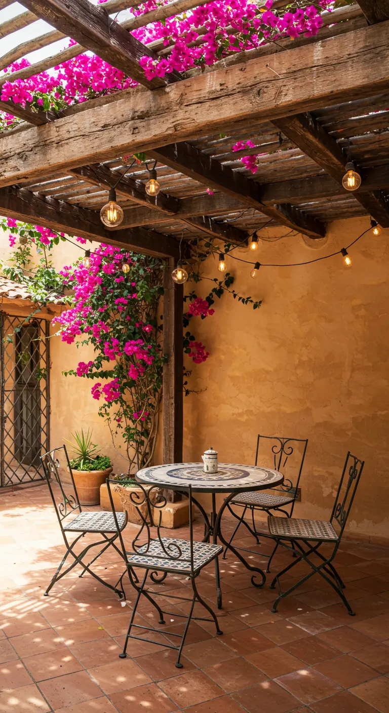 A rustic pergola in a terracotta-tiled courtyard with a bougainvillea vine and mosaic bistro set.
