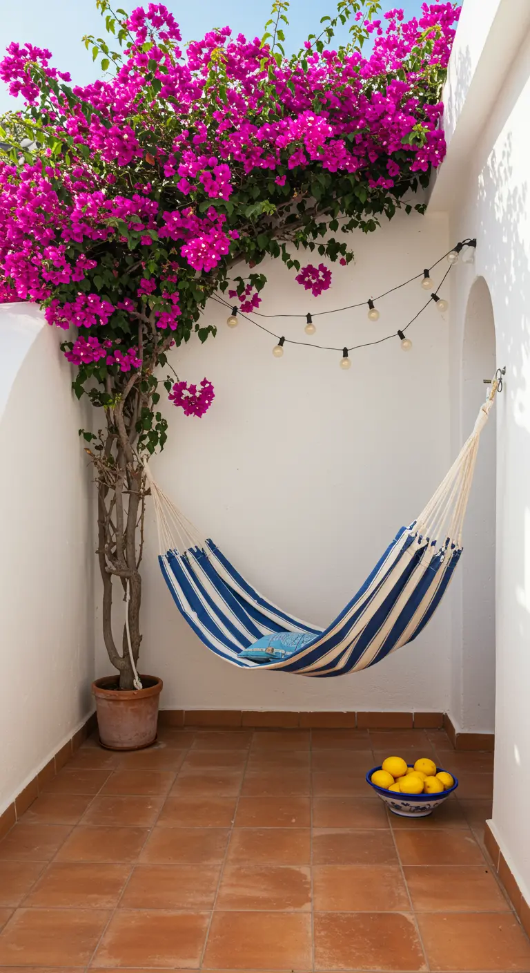 A blue and white striped hammock under a blooming pink bougainvillea in a white courtyard.