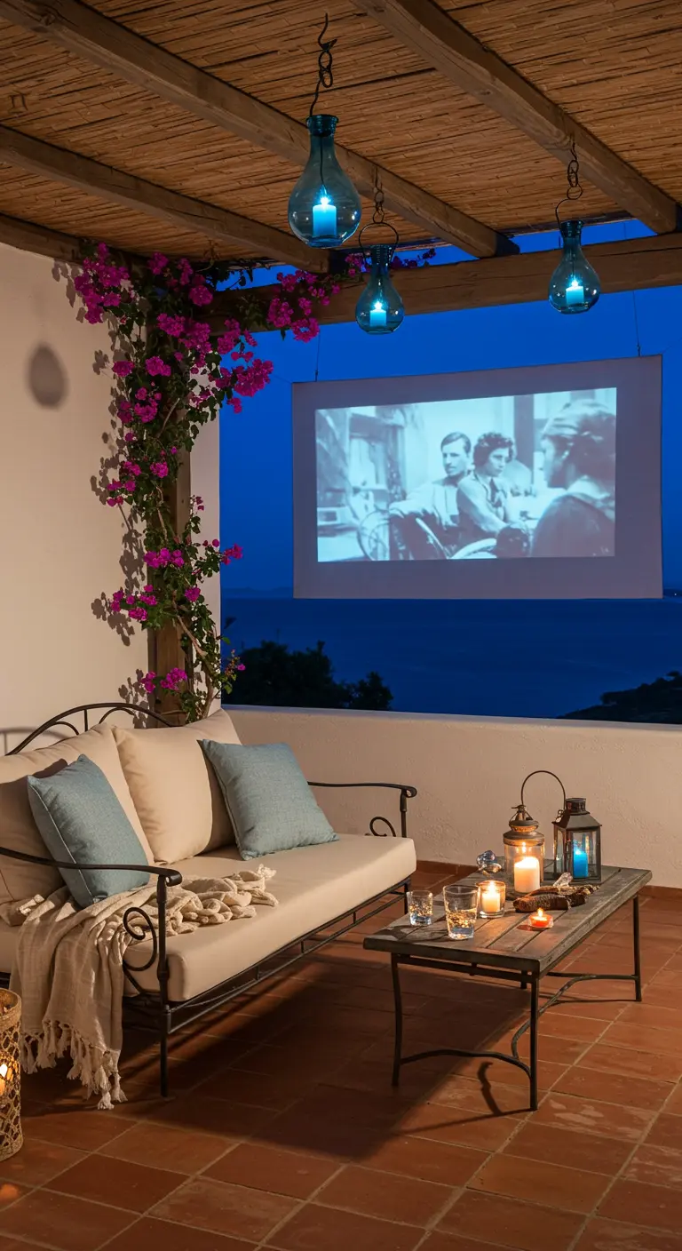 A Mediterranean balcony with a projector screen, bougainvillea, and hanging blue glass lanterns.