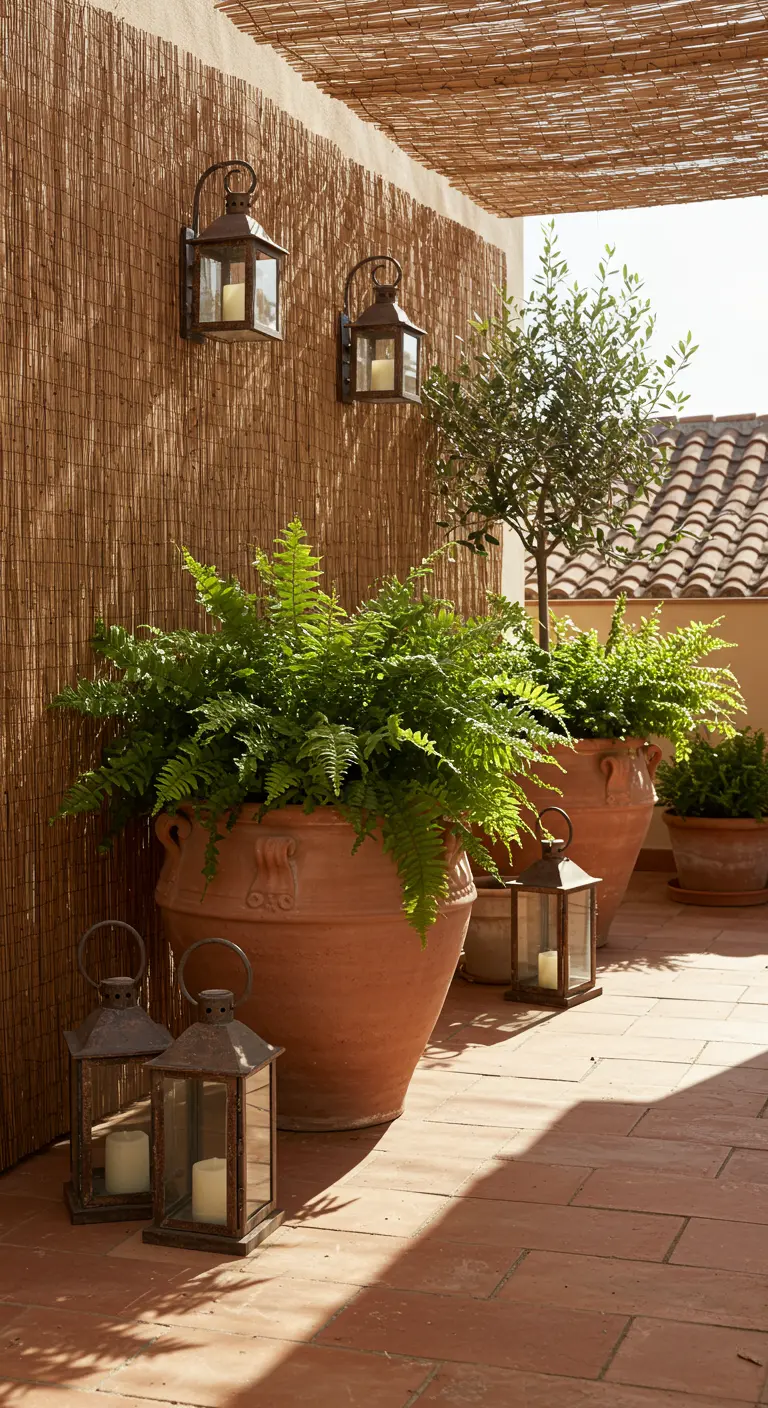 A sunny Mediterranean-style terrace with large terracotta pots, an olive tree, and iron lanterns.