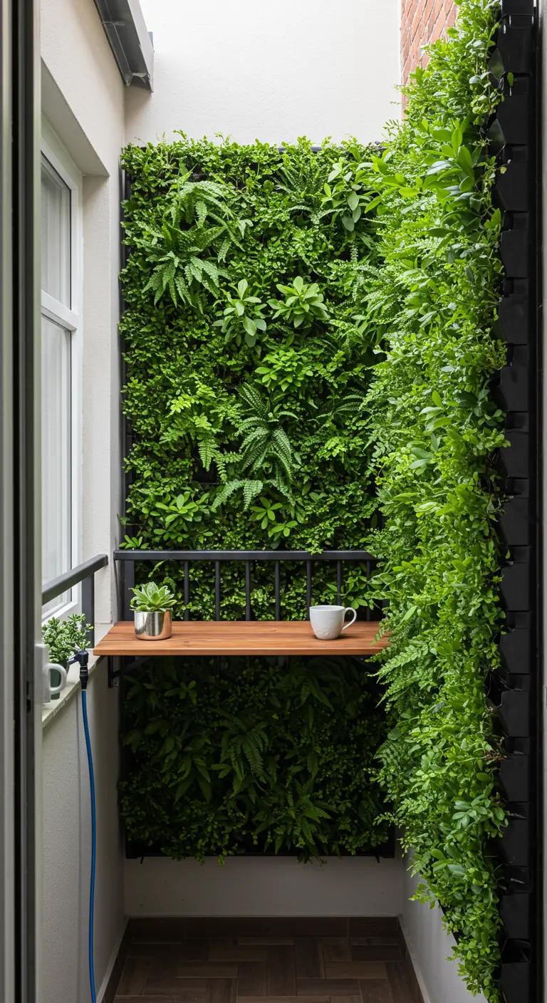 A tiny balcony with a fold-down wooden table surrounded by a dense living wall.