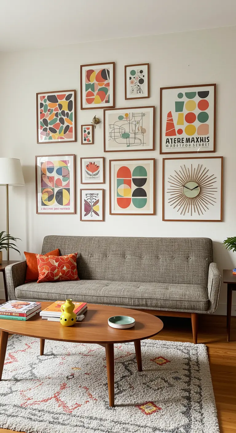 A mid-century modern living room with a gallery wall of abstract art in wood frames.