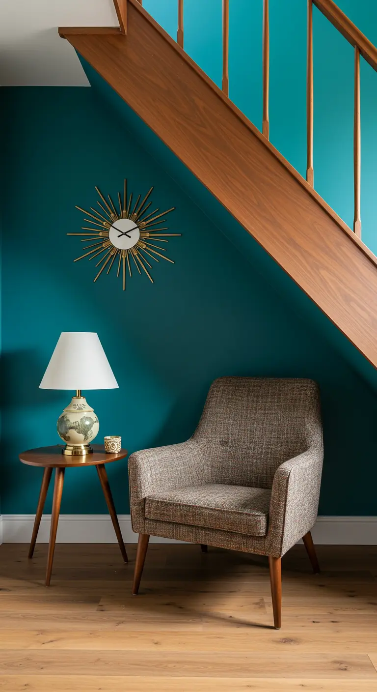 A mid-century modern reading nook with a teal wall, a gray armchair, and a starburst clock.