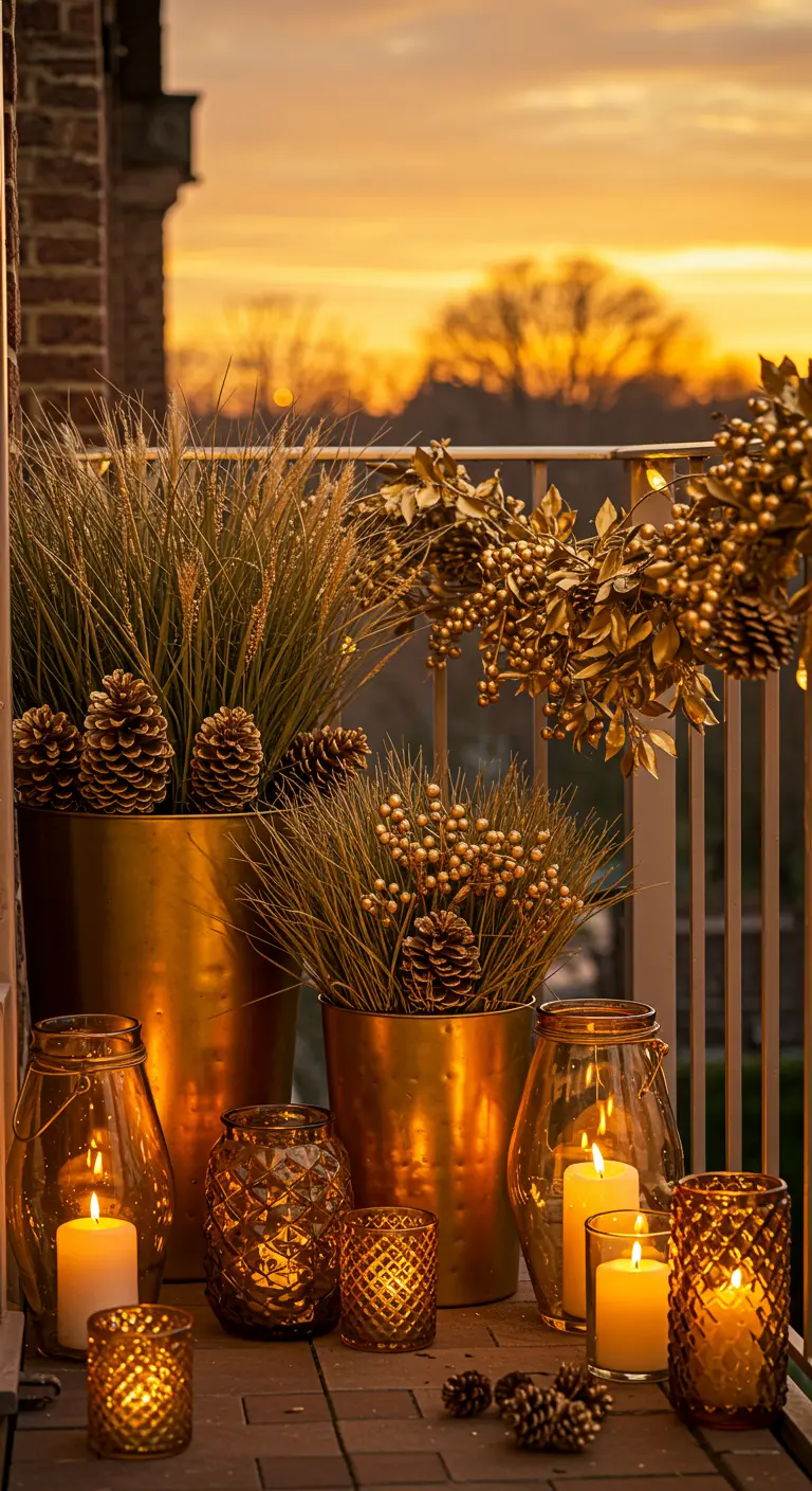 Balcony decorated in all gold, with gold planters, berries, and amber lanterns.