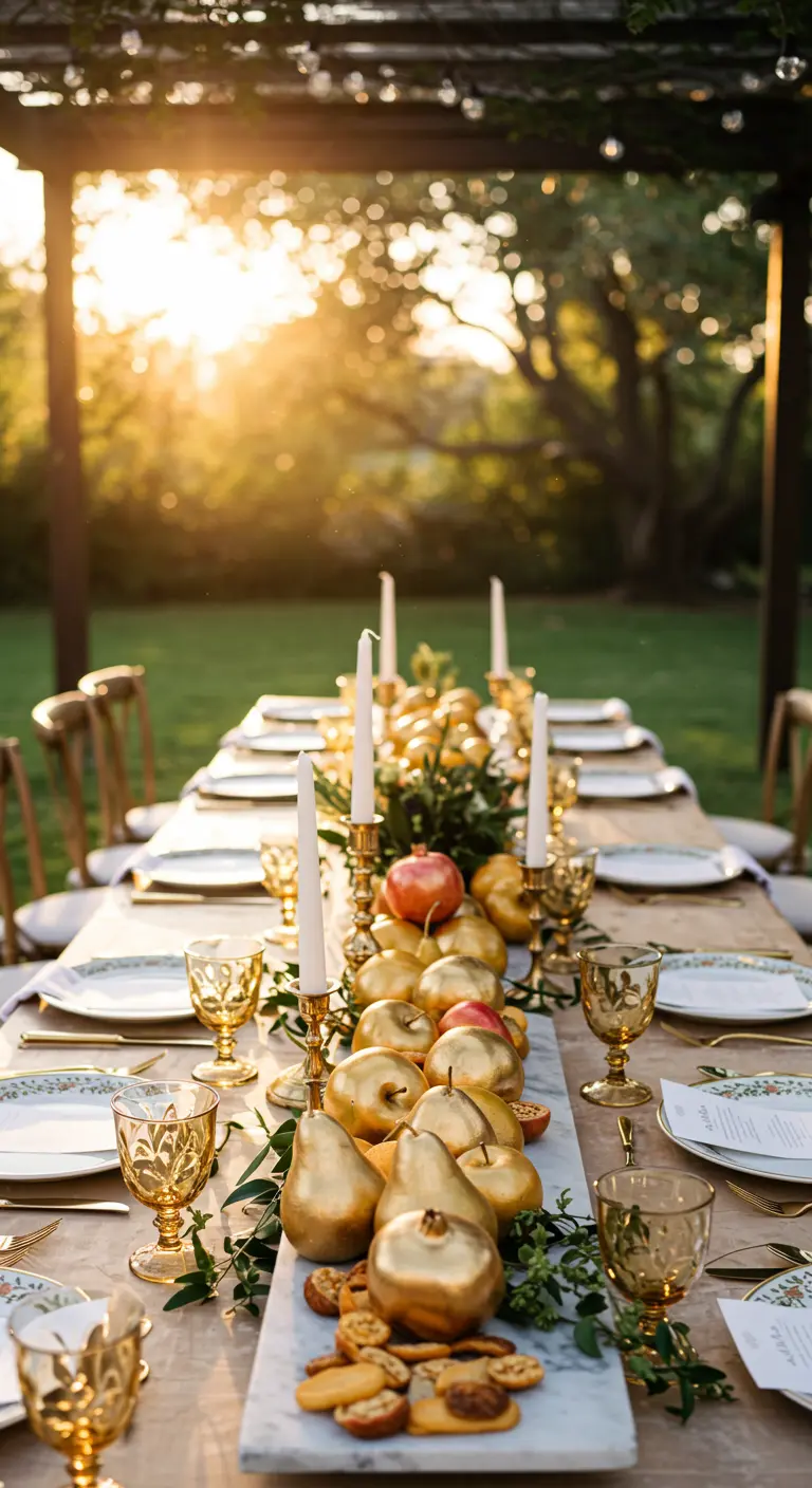 A table runner of gold-painted fruit, including pears and apples, with greenery and candles.
