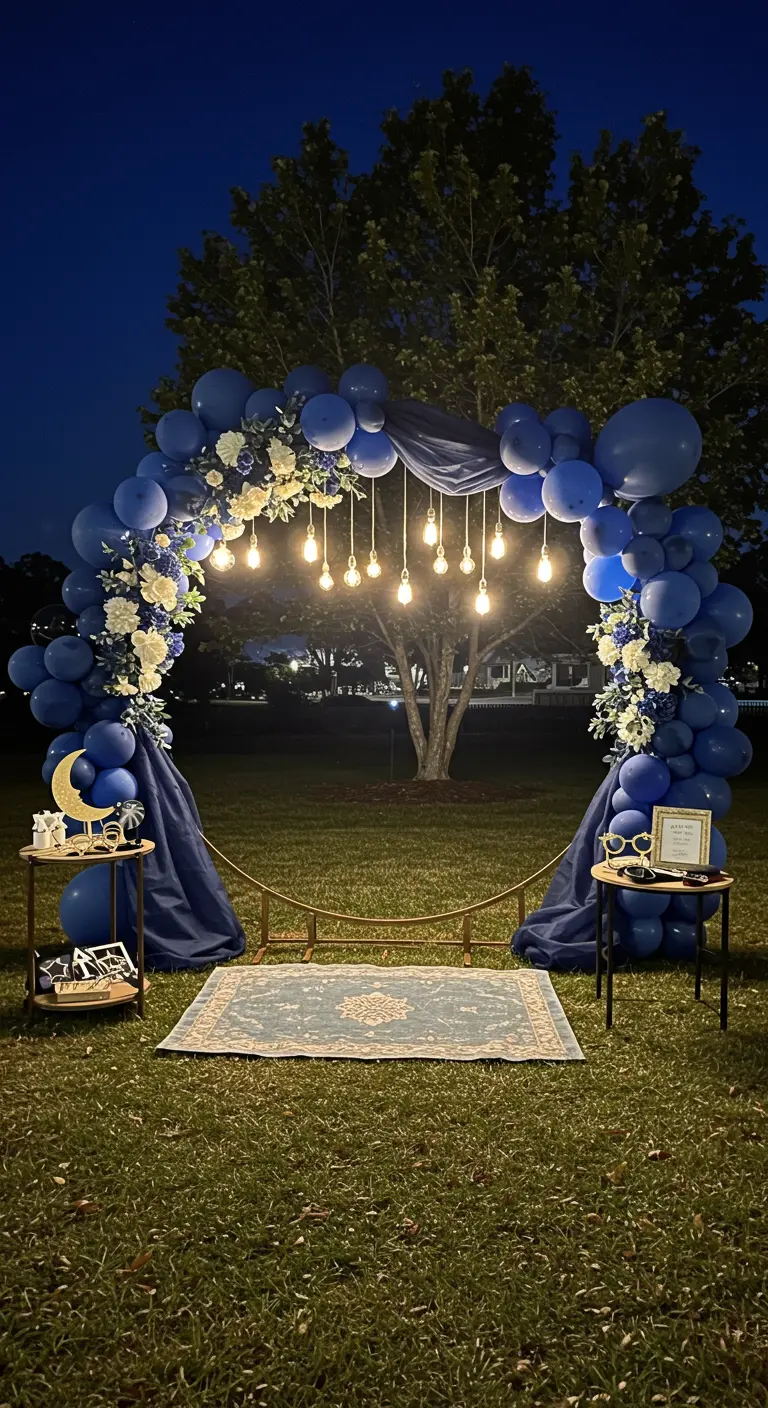 A circular photo booth arch made of blue balloons, with hanging lights and a rug.