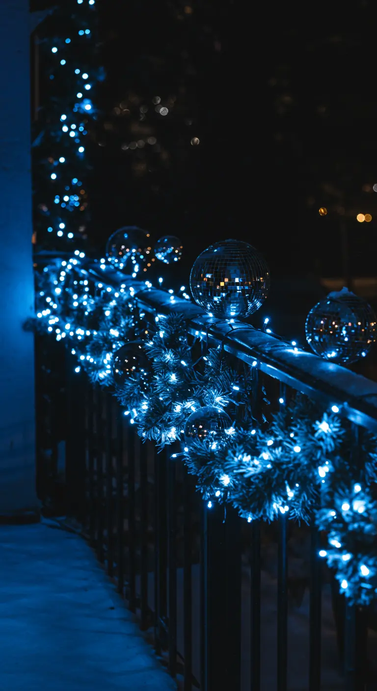 A balcony garland at night lit with cool blue fairy lights and silver disco balls.