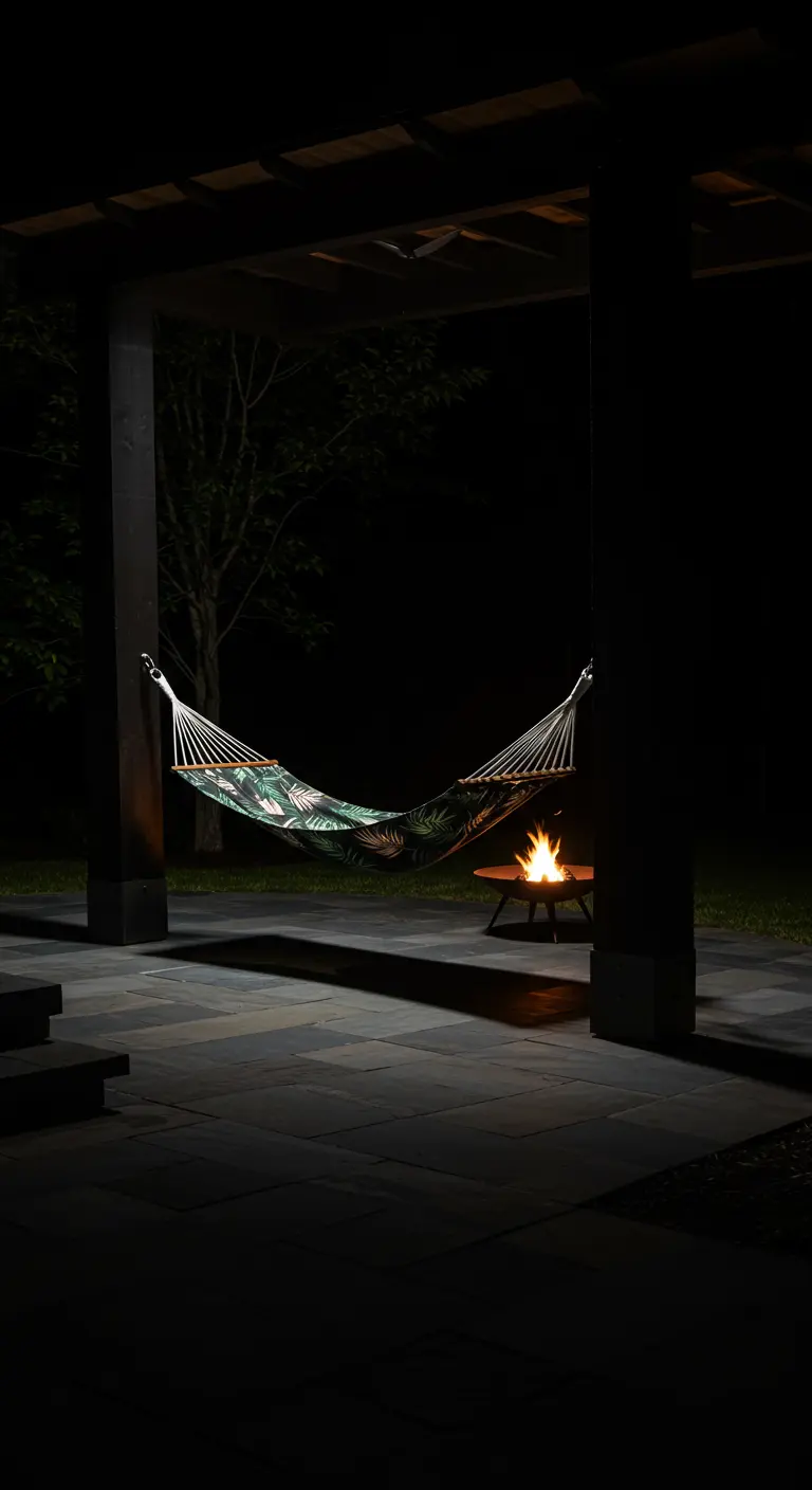 A dark leaf-print hammock hanging from a pergola at night, illuminated by a nearby fire pit.