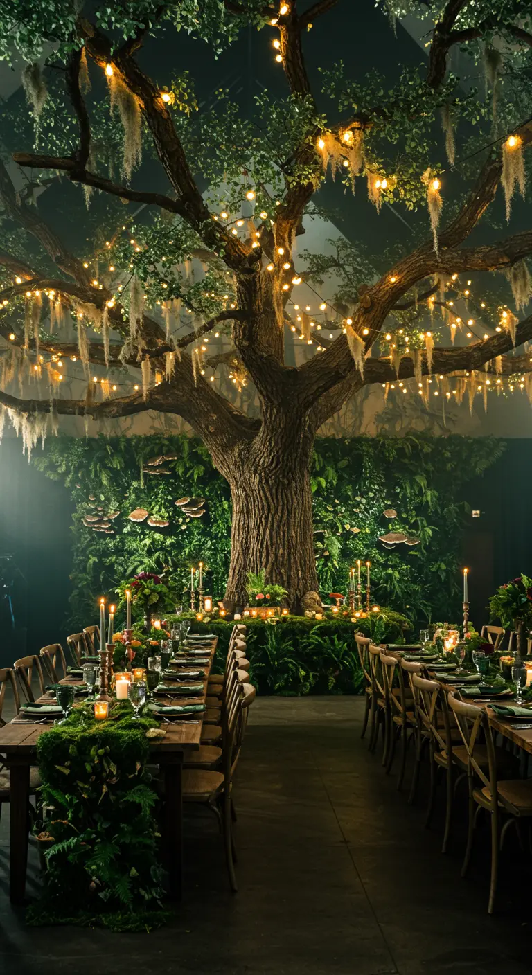 A grand indoor tree with fairy lights above long dining tables in an enchanted forest theme.