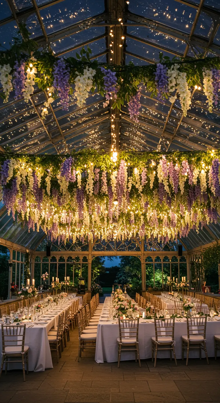 Wisteria and fairy lights hanging from a glass conservatory ceiling over wedding tables.