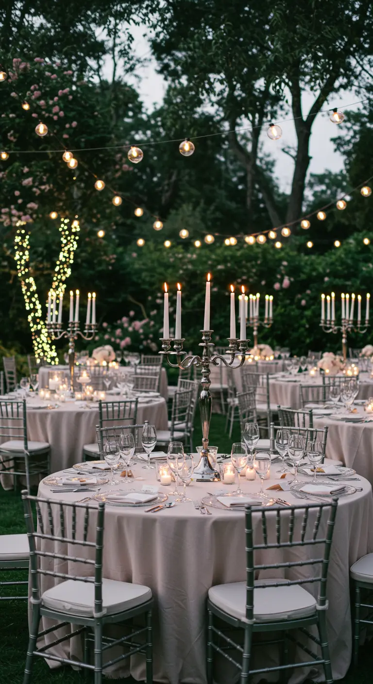Outdoor wedding reception at night with round tables, blush linens, and glowing string lights overhead.
