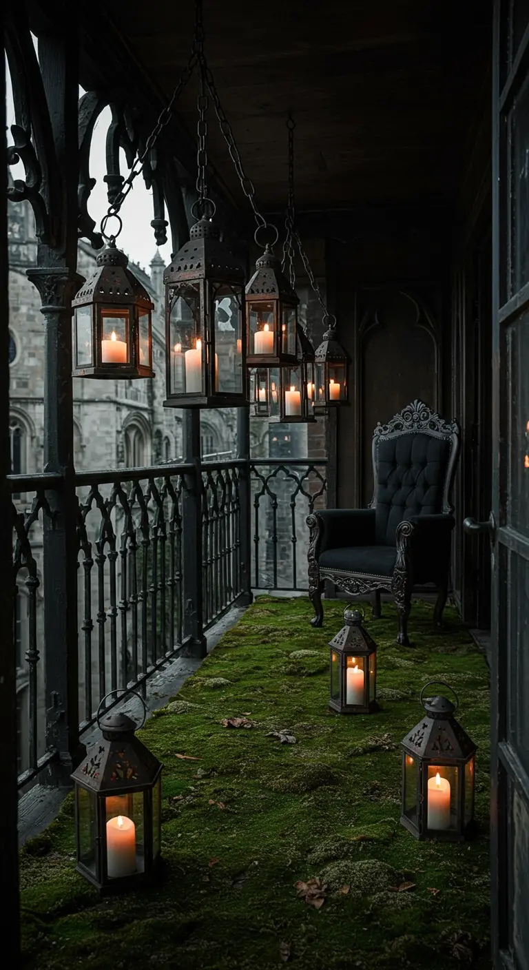 A dark, gothic balcony with ornate black lanterns and a black velvet armchair.