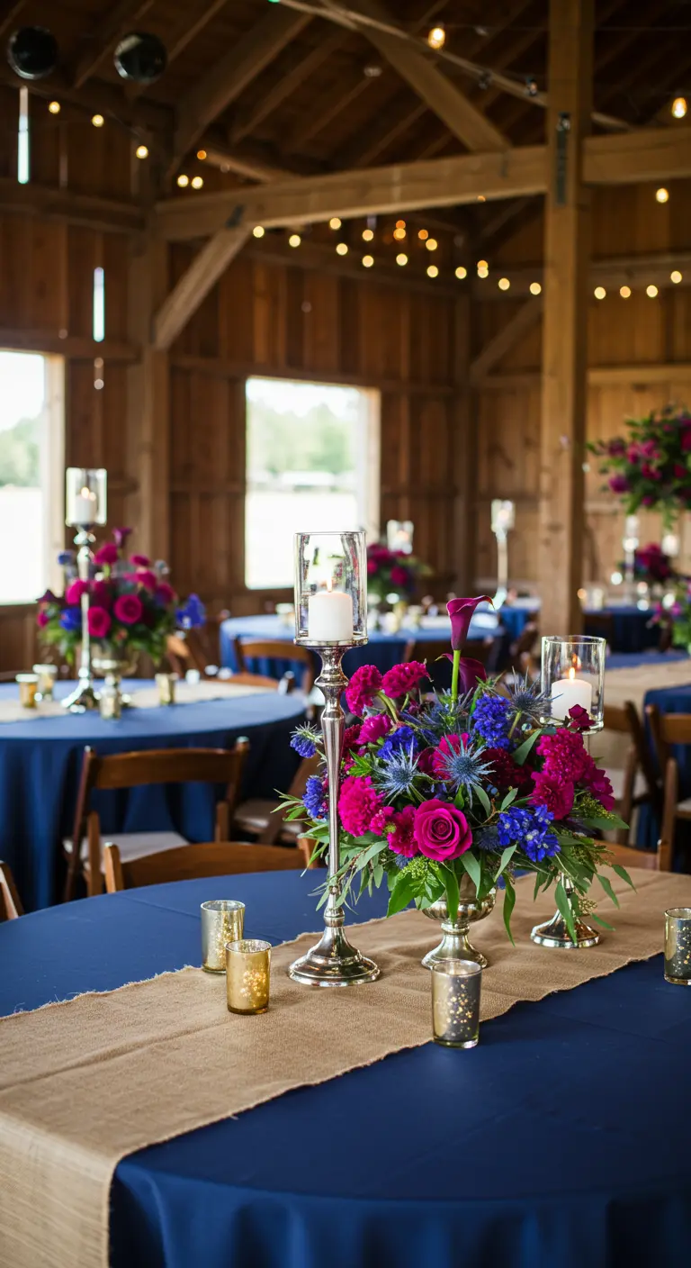 Fuchsia and blue floral centerpiece on a navy tablecloth with a burlap runner.