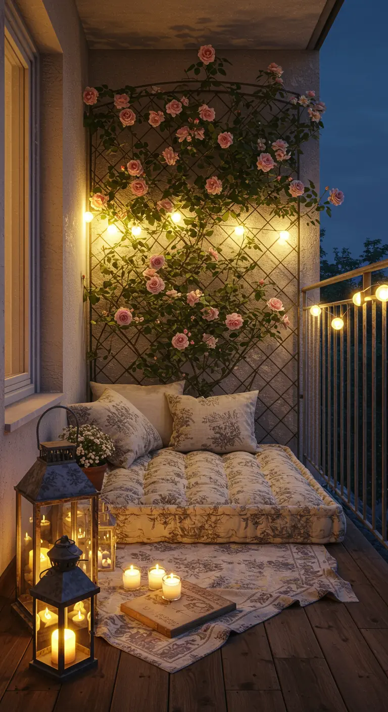A romantic balcony at night with climbing pink roses, a tufted mattress, and glowing lanterns.