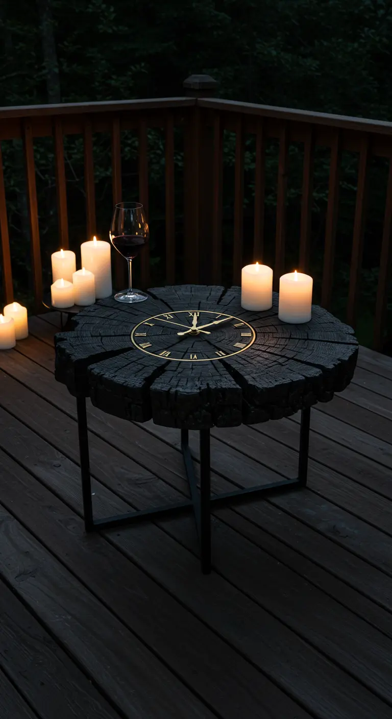 A black, charred-wood slice table with gold clock details, surrounded by candles at night.