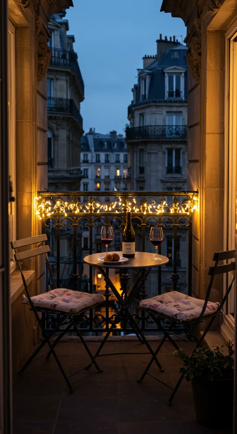 A bistro set on a balcony at night, illuminated by warm fairy lights on the railing.