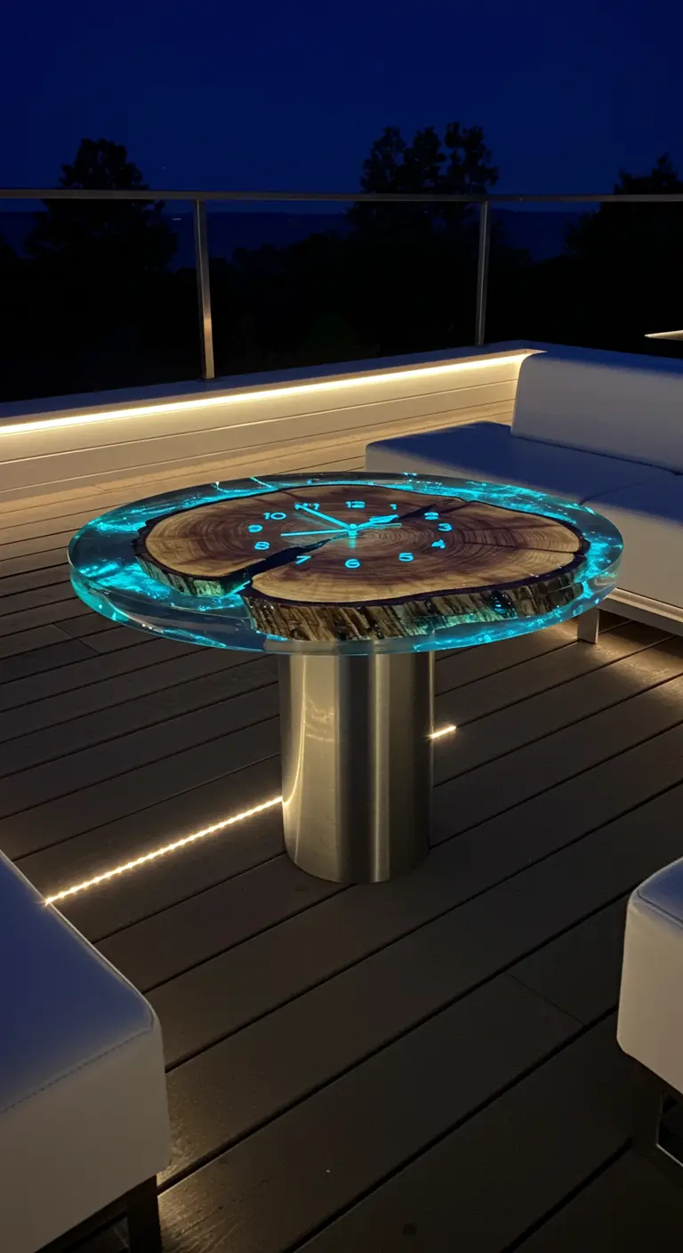 A wood slice and resin table glowing with a bright blue light on a modern deck at night.